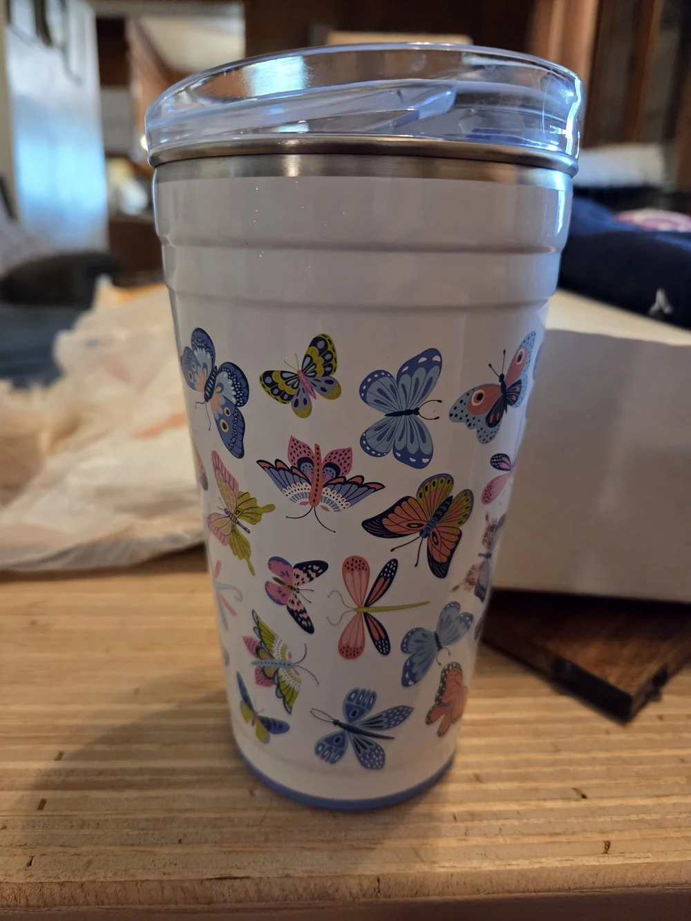 White Butterfly Travel Tumbler with Clear Lid